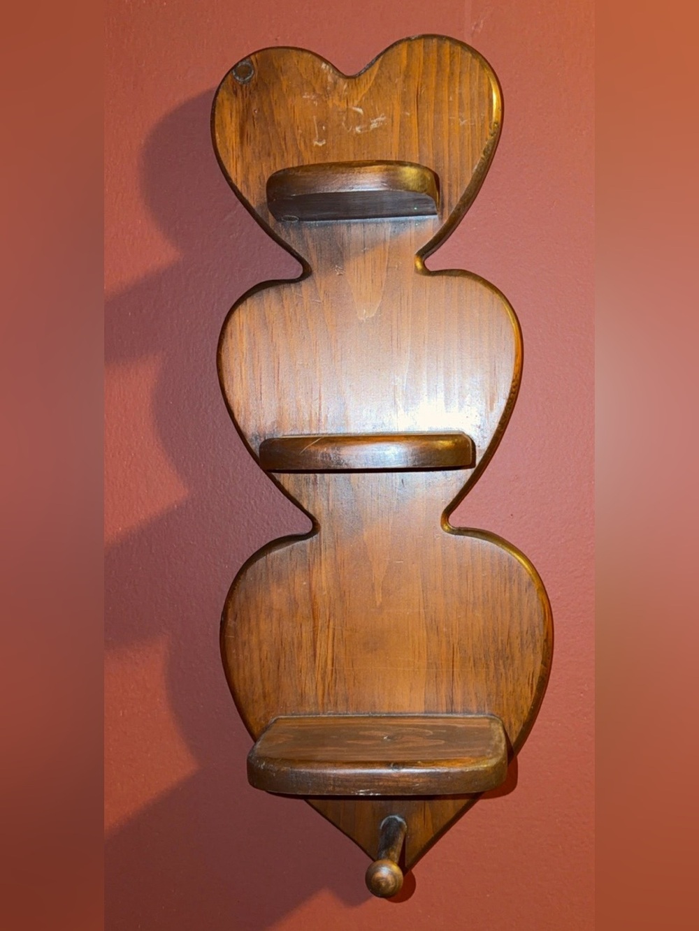 Vintage Wooden Three Heart Shelf With Peg Wall Hanging